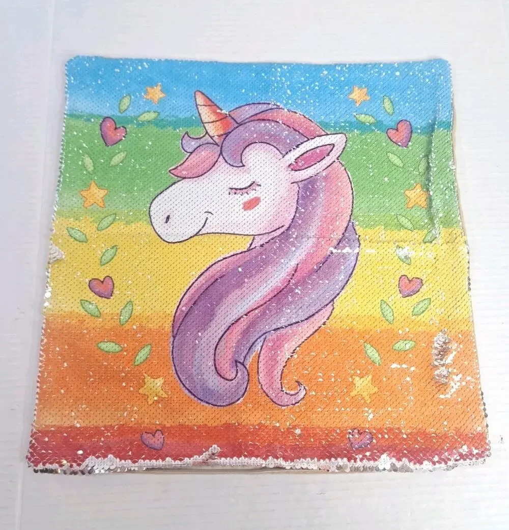 Sequin Unicorn Rainbow Throw Pillow Cover 15x15 Girls Bedroom Decor Cushion